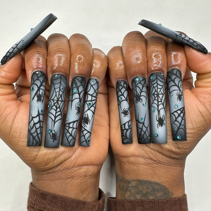 Halloween-Themed Stiletto Press-On Nails with Spider Web Design Bowlift