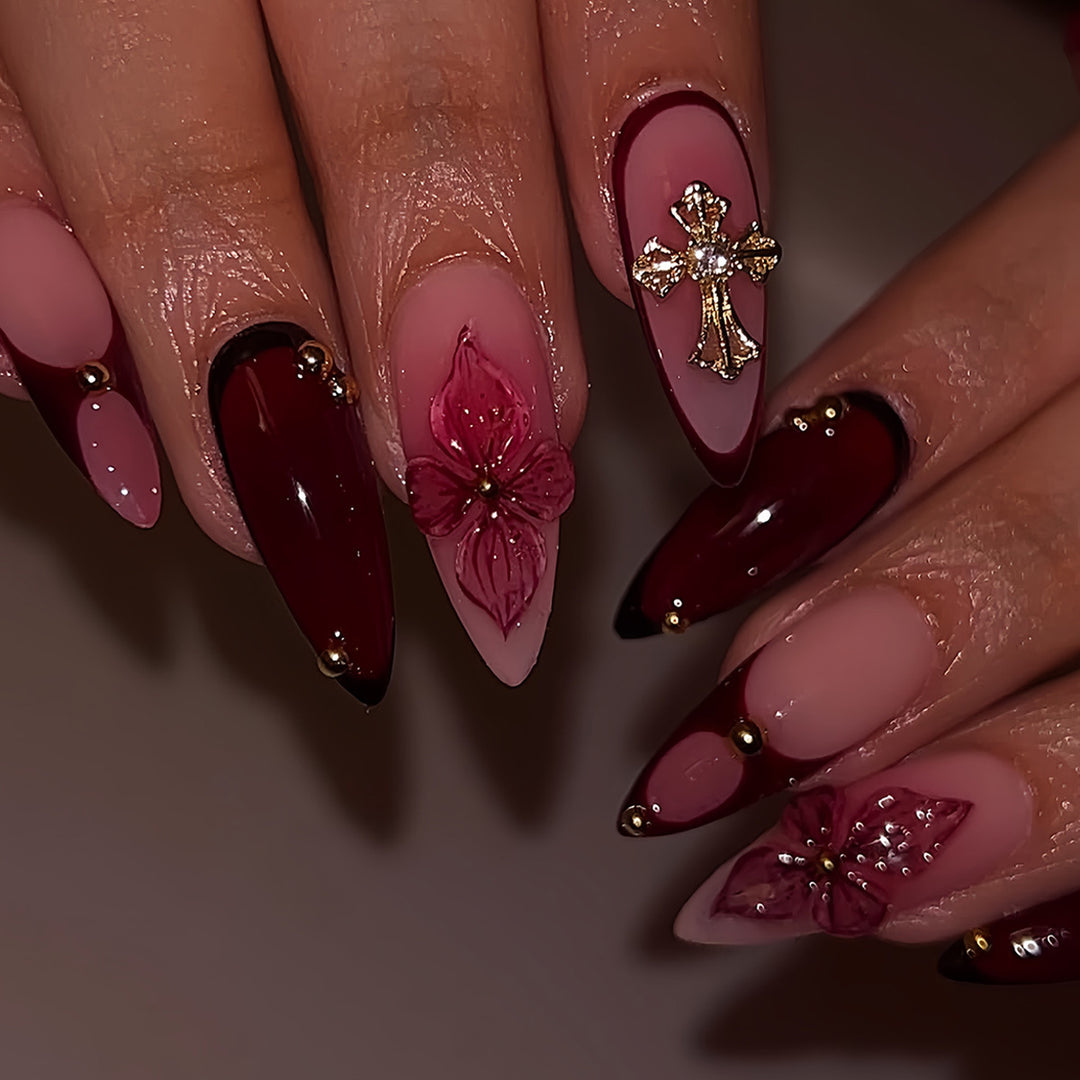 Premium Artistic Floral Stiletto Press-On Nails Bowlift