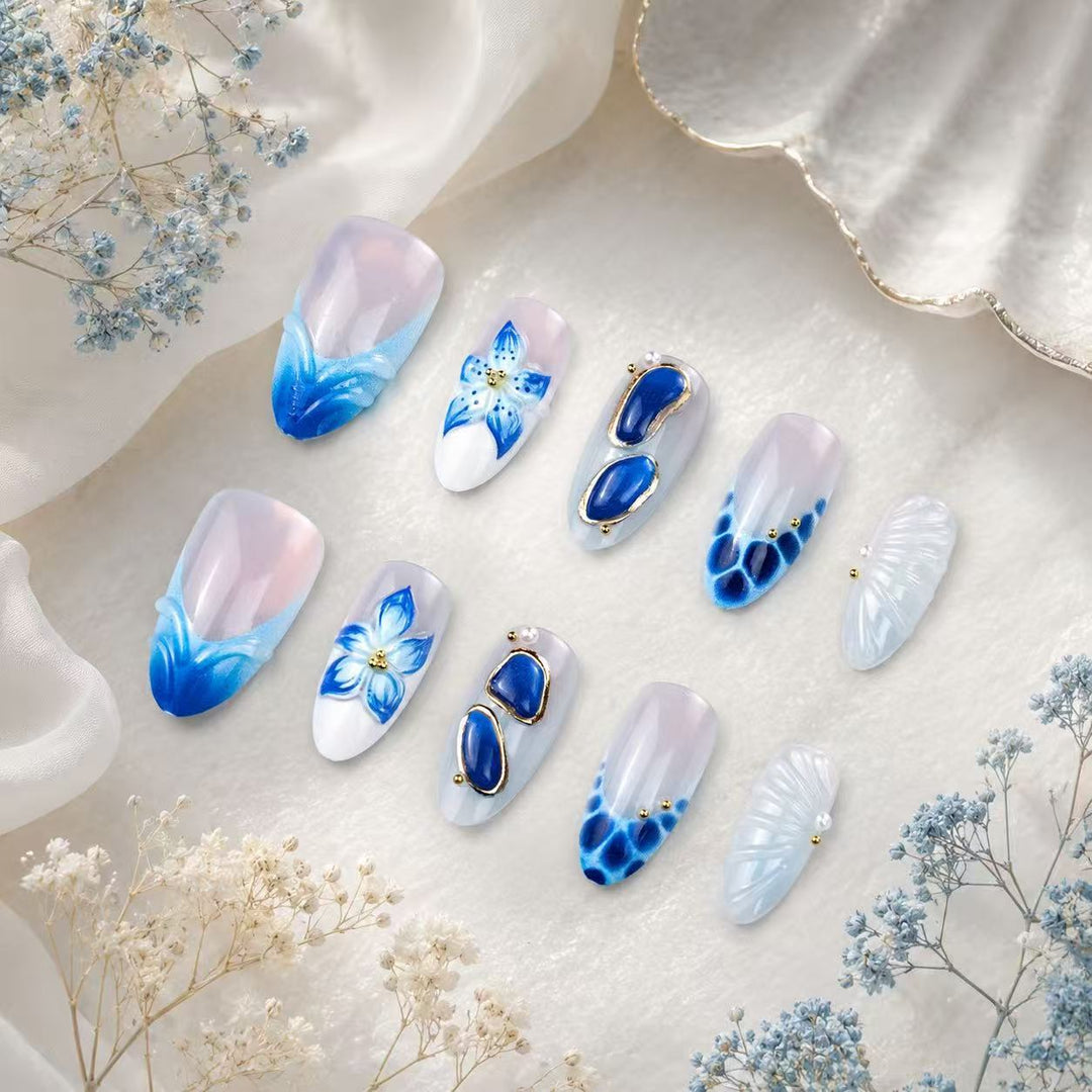 Artistic Press-On Nail Tips Set with Floral and Geometric Patterns Bowlift