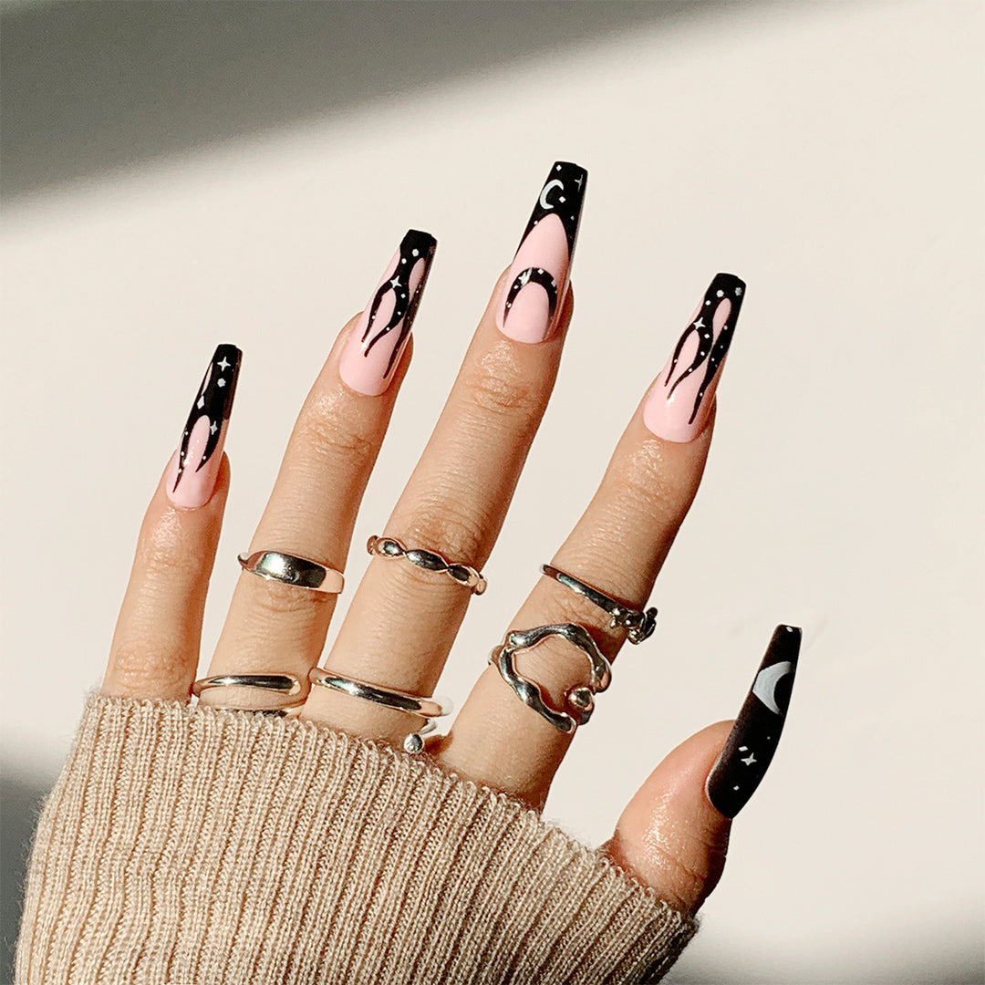 Artistic Nail Extensions with Creative Design and Glittering Accents Bowlift