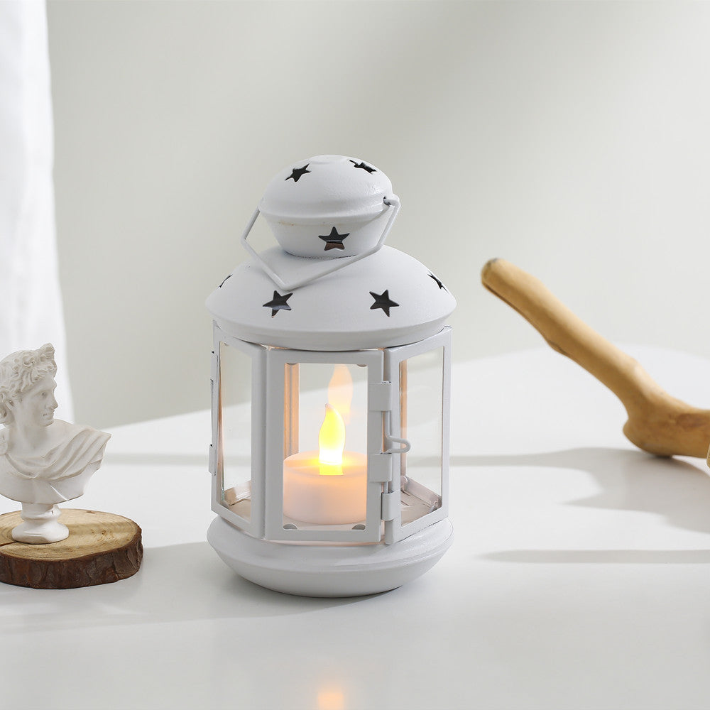 Decorative Star-Cut Glass Panel Metal Tea Light Lantern Bowlift