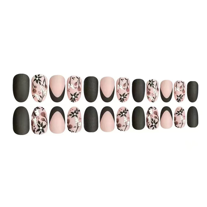 Artificial Nail Set with Elegant Floral Accents and Stylish Shine Bowlift
