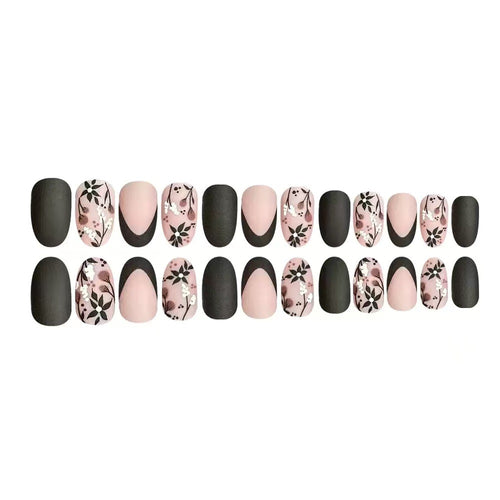 Artificial Nail Set with Elegant Floral Accents and Stylish Shine Bowlift