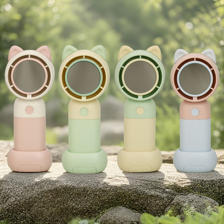 Cooling portable handheld bladeless fan with built-in mirror and rechargeable battery dock Bowlift