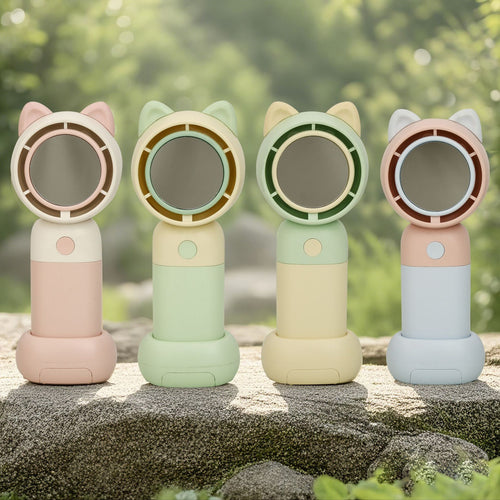 Cooling portable handheld bladeless fan with built-in mirror and rechargeable battery dock Bowlift