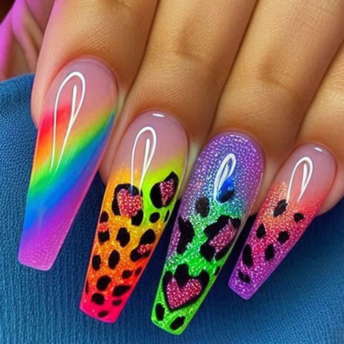 Artificial nails with colorful leopard patterns and glitter effects Bowlift