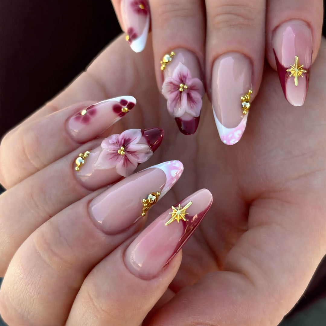 Artistic Floral and Gold Accent Press-On Nails Bowlift