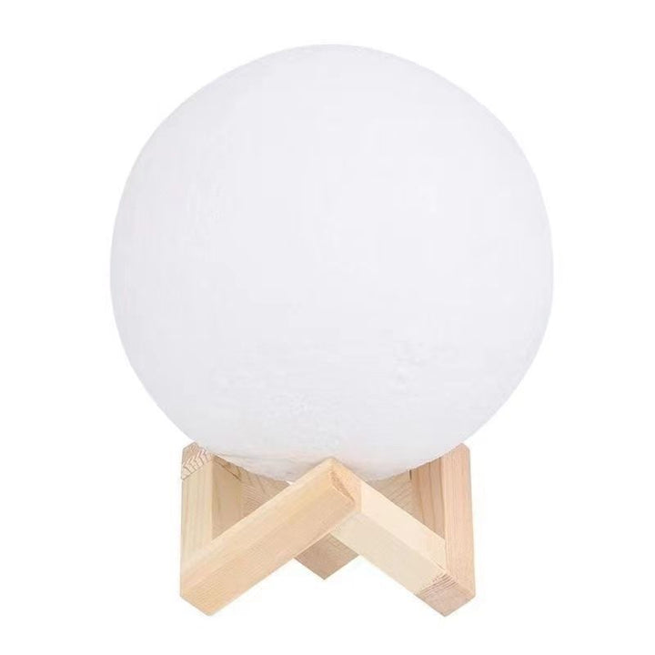 Textured Moon Table Lamp with Wooden Geometric Stand Bowlift