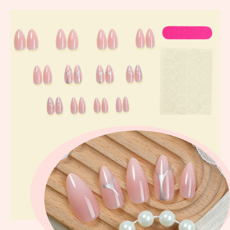 Elegant Press-On Nail Set with Artistic Silver Accents Bowlift
