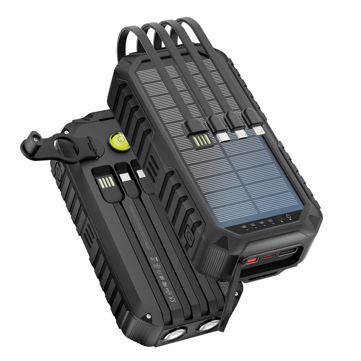 Solar Power Bank with Integrated Charging Cables and LED Flashlight Bowlift