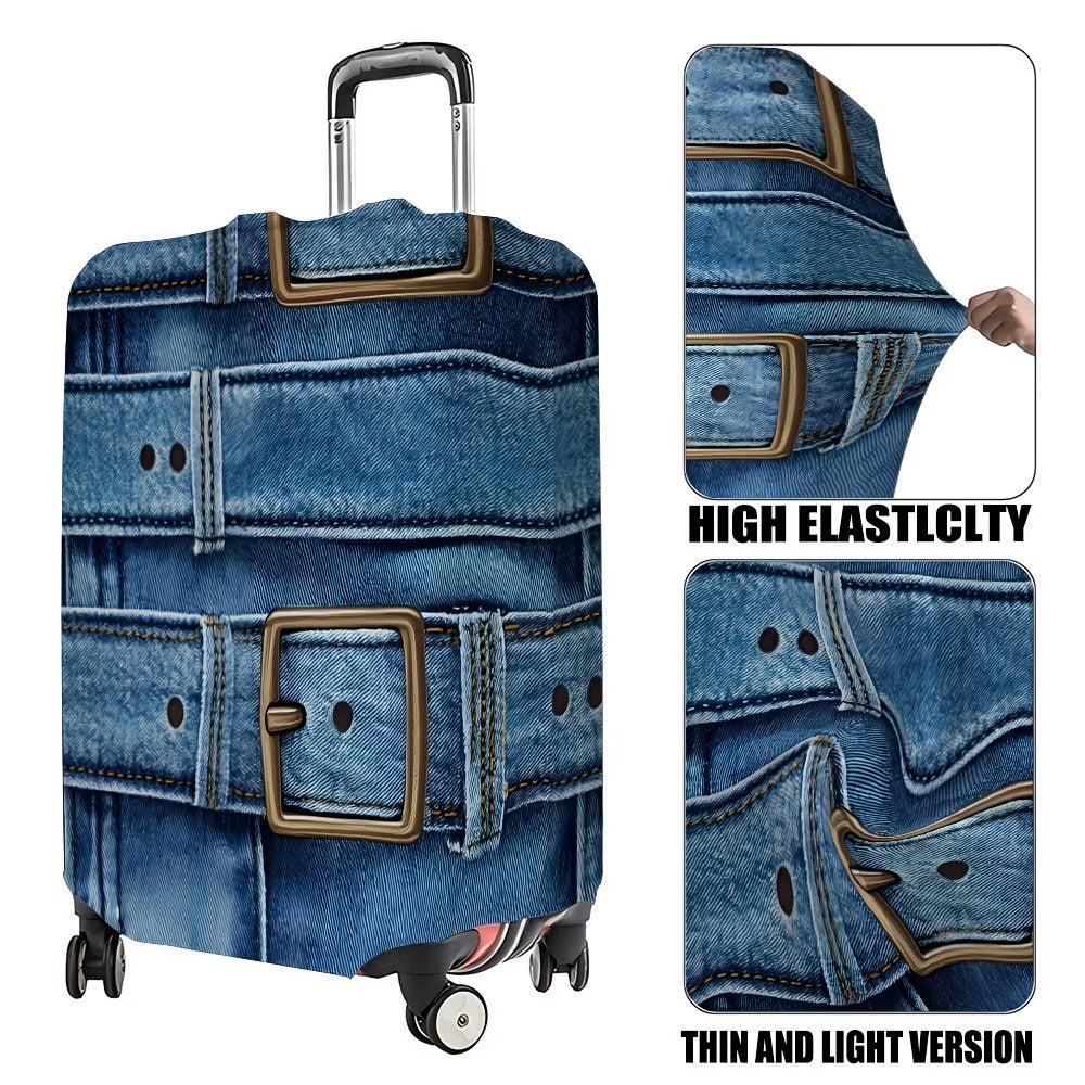 Unisex stylish suitcase cover with denim belt motif, elastic protective cover for rolling suitcase Bowlift