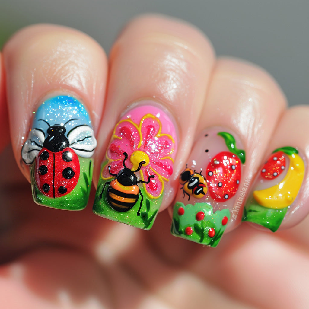 Artistic nail art with insect and flower motifs Bowlift