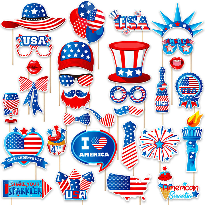 Independence Day Patriotic Photobooth Prop Sticker Kit with Wooden Sticks and Removable Adhesive Dots Bowlift