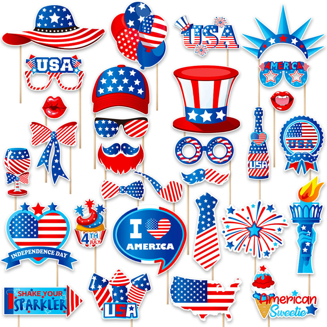 Unisex photo props set with self-adhesive USA-themed stickers, wooden sticks, and adhesive pads Bowlift