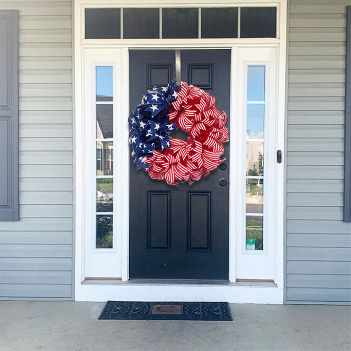 Unisex nan Americana star and stripe mesh front door wreath with full-bodied deco ribbon and over the door hanger Bowlift