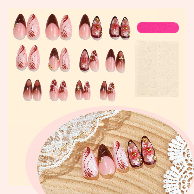 Decorative Press-On Nail Set with Intricate Floral and Ombre Design Bowlift