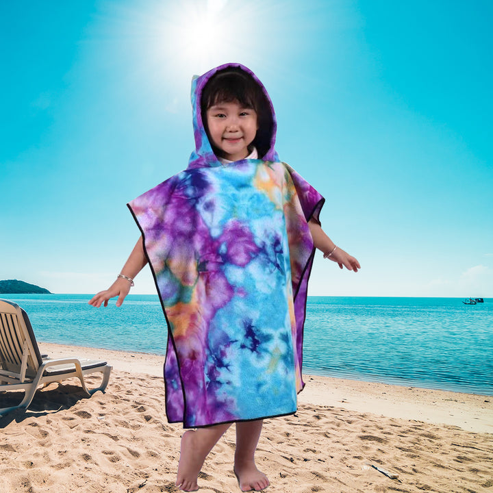 Women's Fleece Poncho with Hood and Colorful Tie-Dye Design Bowlift