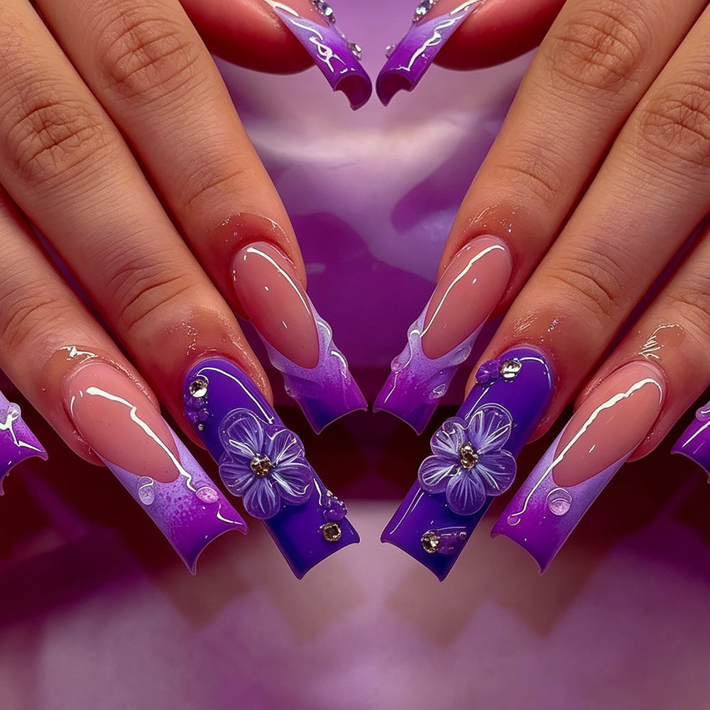 Decorative Long Press-On Nail Art Set with Floral Accents Bowlift