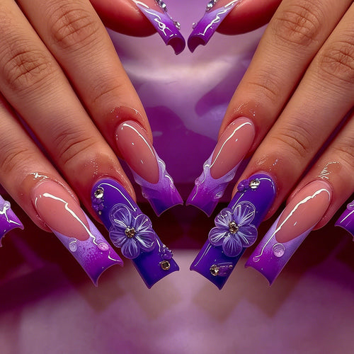 Decorative Long Press-On Nail Art Set with Floral Accents Bowlift