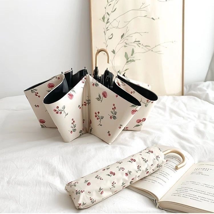 Women's Folding Umbrella with Floral Design and Ergonomic Handle Bowlift