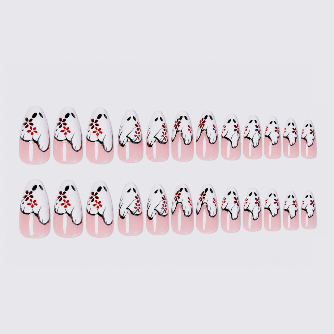 Artistic Press-On Nail Set with Floral and Ghost Design Bowlift