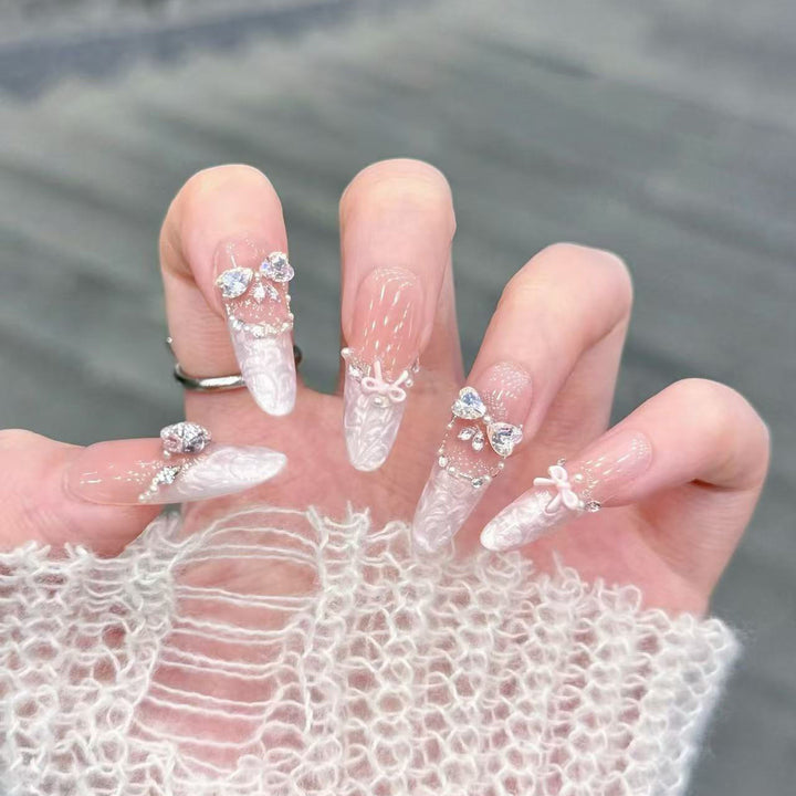 Decorative Stiletto Press-On Nail Set with Bow and Gem Accents Bowlift