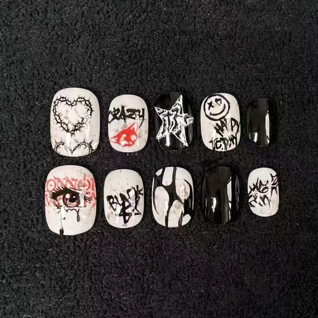 Artistic Press-On Nail Set with Geometric Designs Bowlift