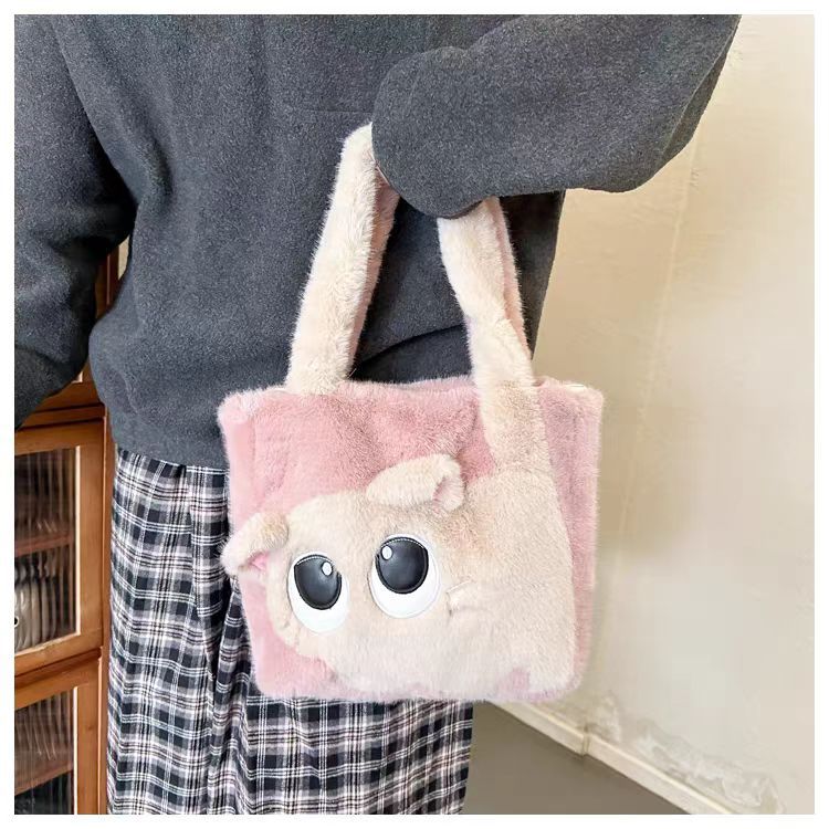 Plush Faux Fur Cartoon Eye-Appliqué Tote Bag with Bow Shoulder Straps Bowlift