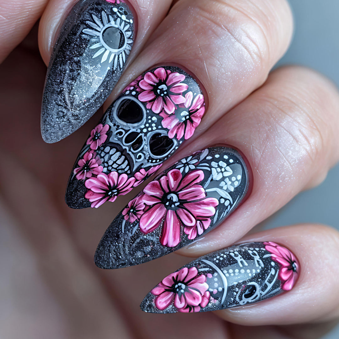 Artificial nails with Lifelike Skull Design and Floral Accents Bowlift