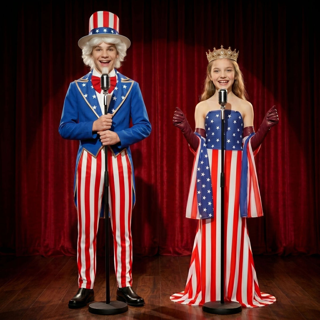 Unisex nan Patriotic Americana Uncle Sam Costume Set with Tailcoat, Striped Trousers, Top Hat and Bow Bowlift