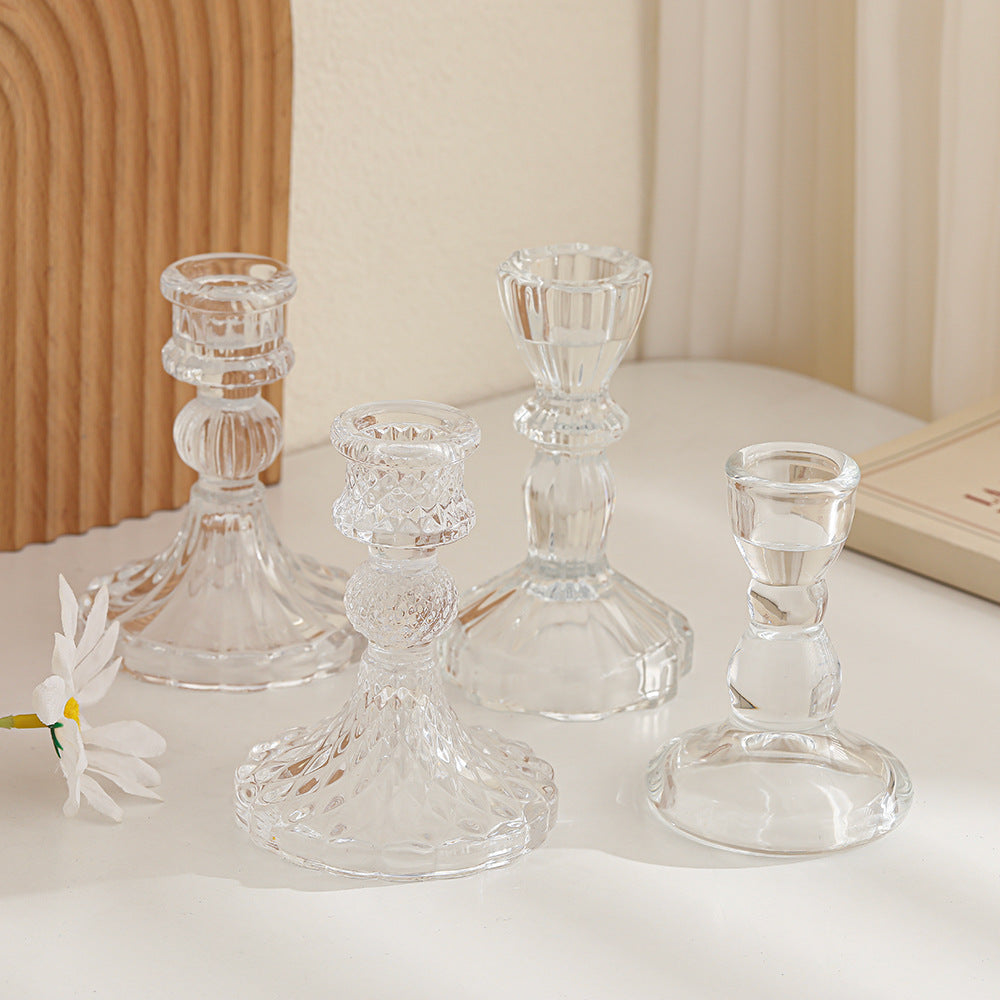 Crystal-cut Glass Candlestick Holder with Ribbed Stem Bowlift