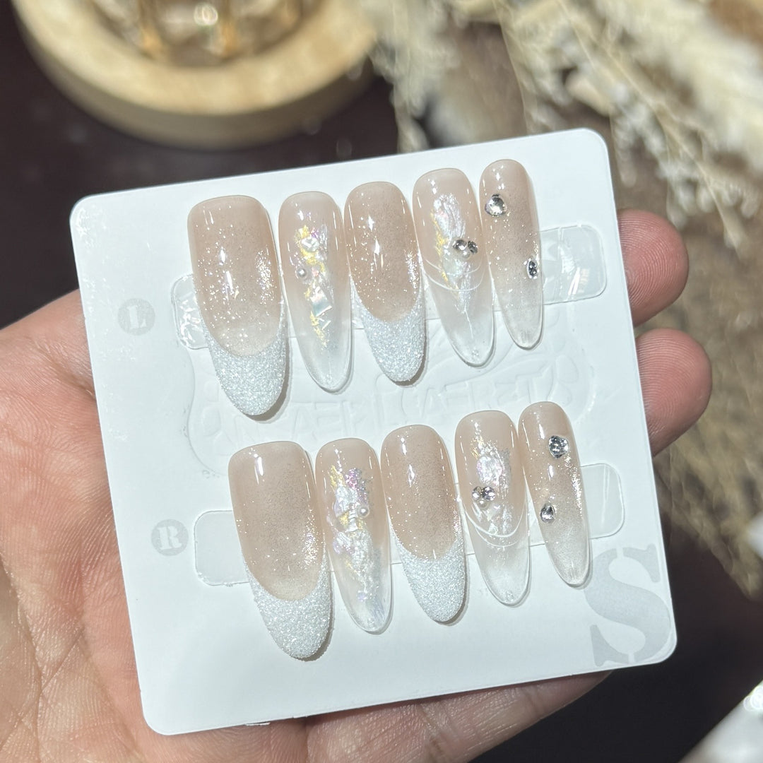Elegant Press-On Nail Set with Floral and Gemstone Accents Bowlift