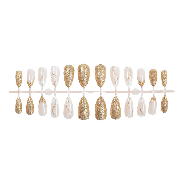 Elegant Press-On Nail Set with Glitter and Gold Swirl Accents Bowlift