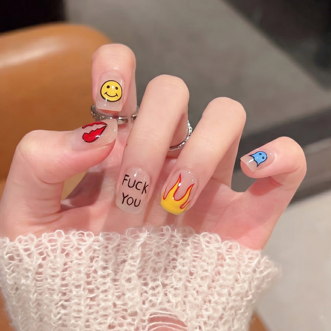 Artistic Press-On Nail Set with Unique Graphic Designs Bowlift