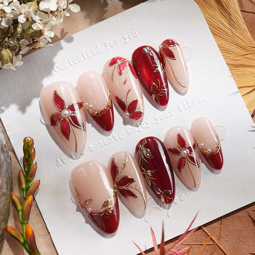 Elegant Press-On Nail Set with Floral and Gem Accents Bowlift