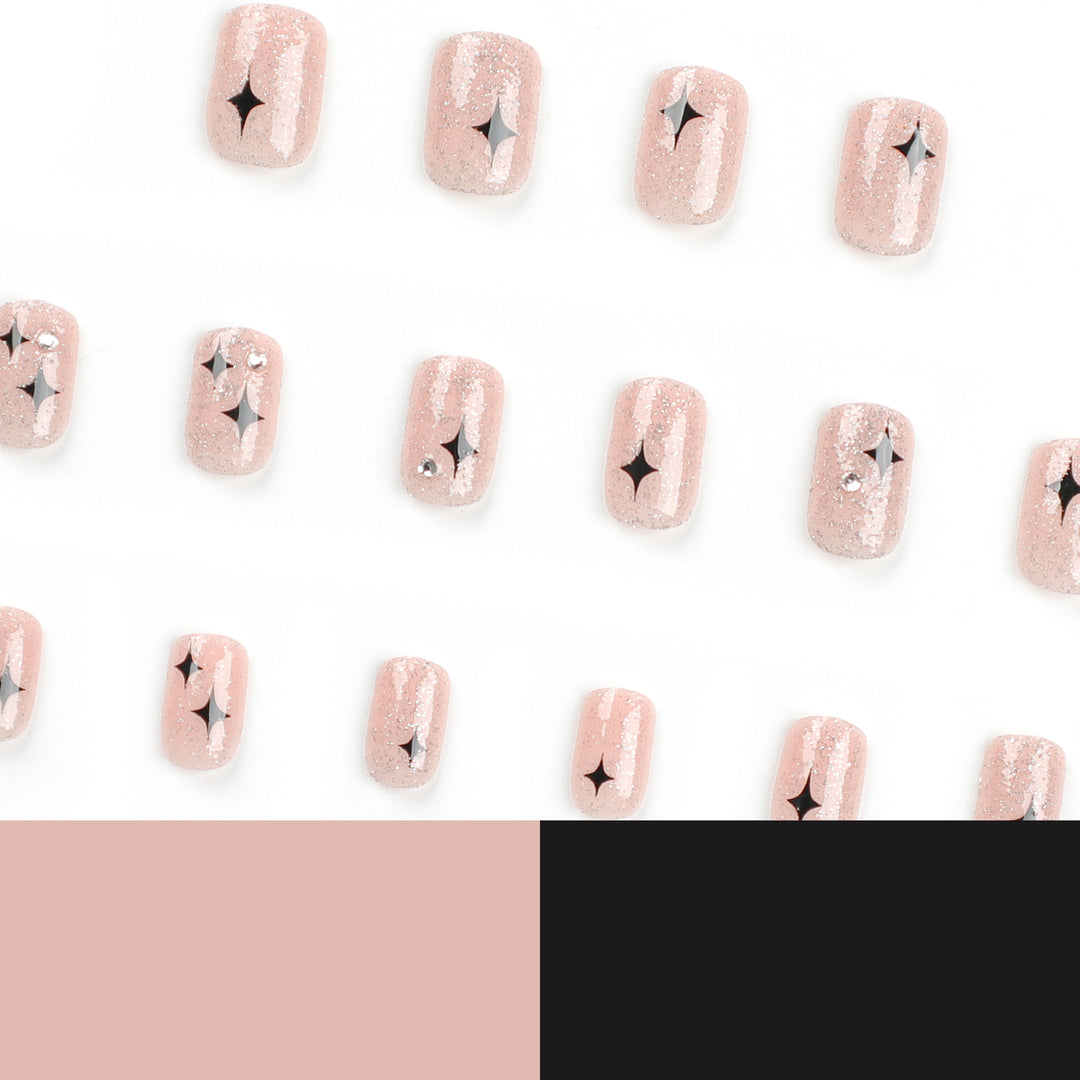 Artful Nail Extensions with Glitter and Star Pattern Bowlift