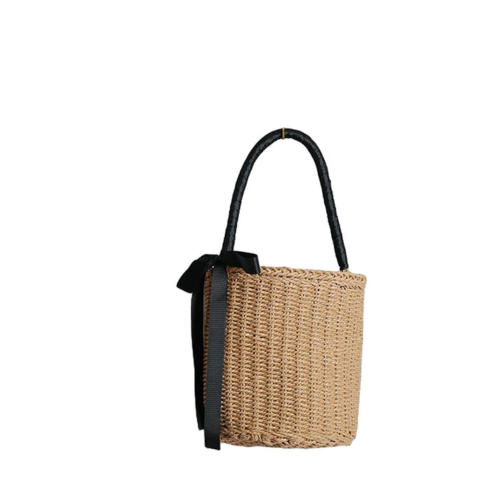Handwoven basket bag with decorative fabric ribbon Bowlift