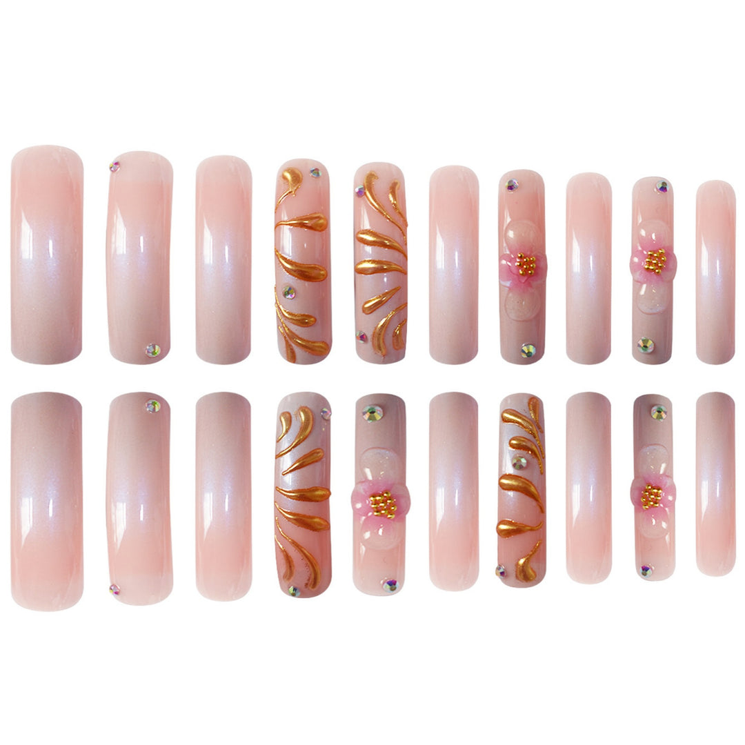 Glamorous 3D Floral Press-On Nails with Gold Accents Bowlift