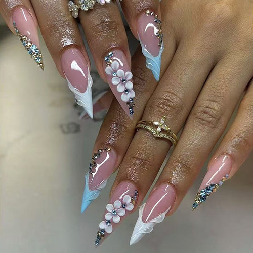 Elegant Floral-Embellished Stiletto Press-On Nails Bowlift