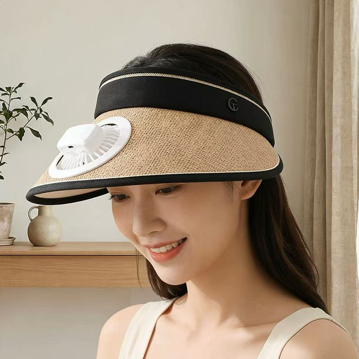 Air-cooled straw hat with detachable battery fan and elastic headband Bowlift