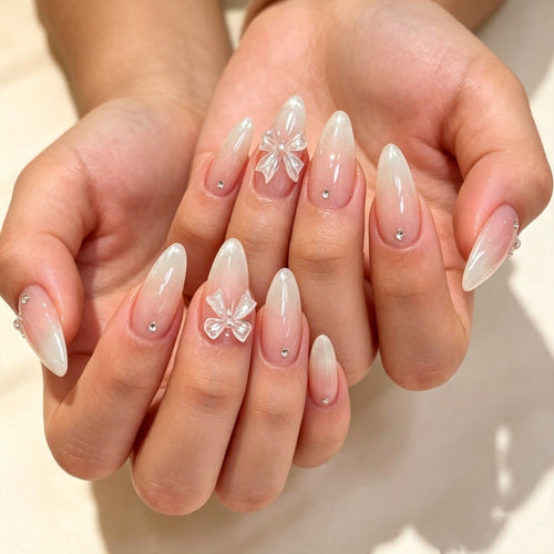 Elegant Press-On Nail Set with Decorative Bow and Gem Accents Bowlift