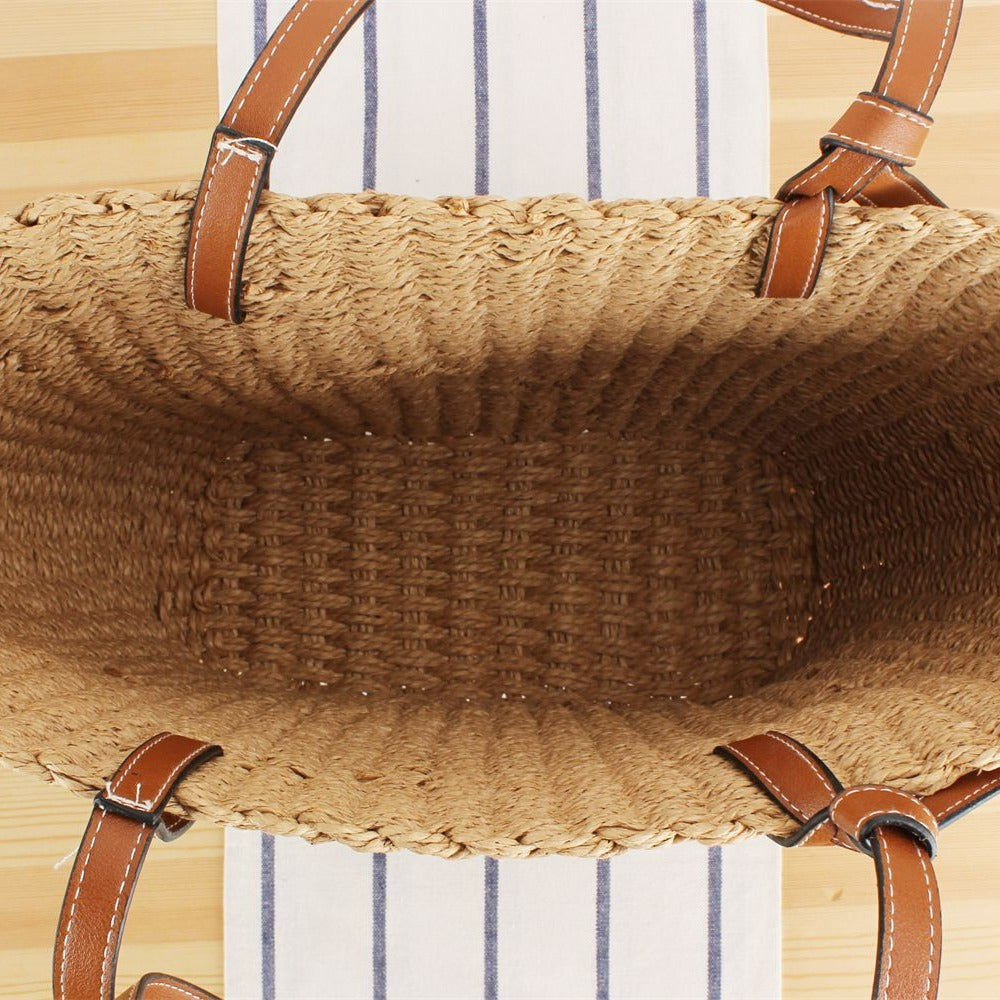 Natural raffia tote bag with elegant leather detail Bowlift