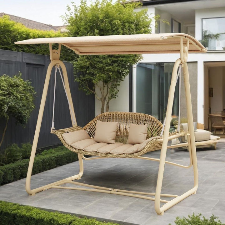 Woven rattan outdoor swing loveseat with padded cushions and powder-coated steel frame Bowlift