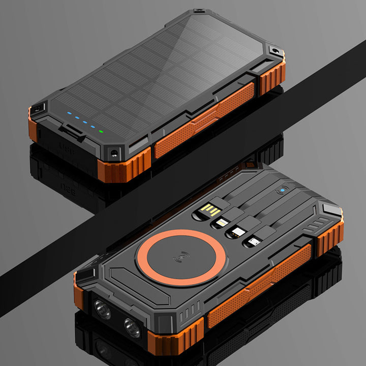 Robust Solar Power Bank with Multifunctional Charging Cable and Integrated Qi Charger Bowlift