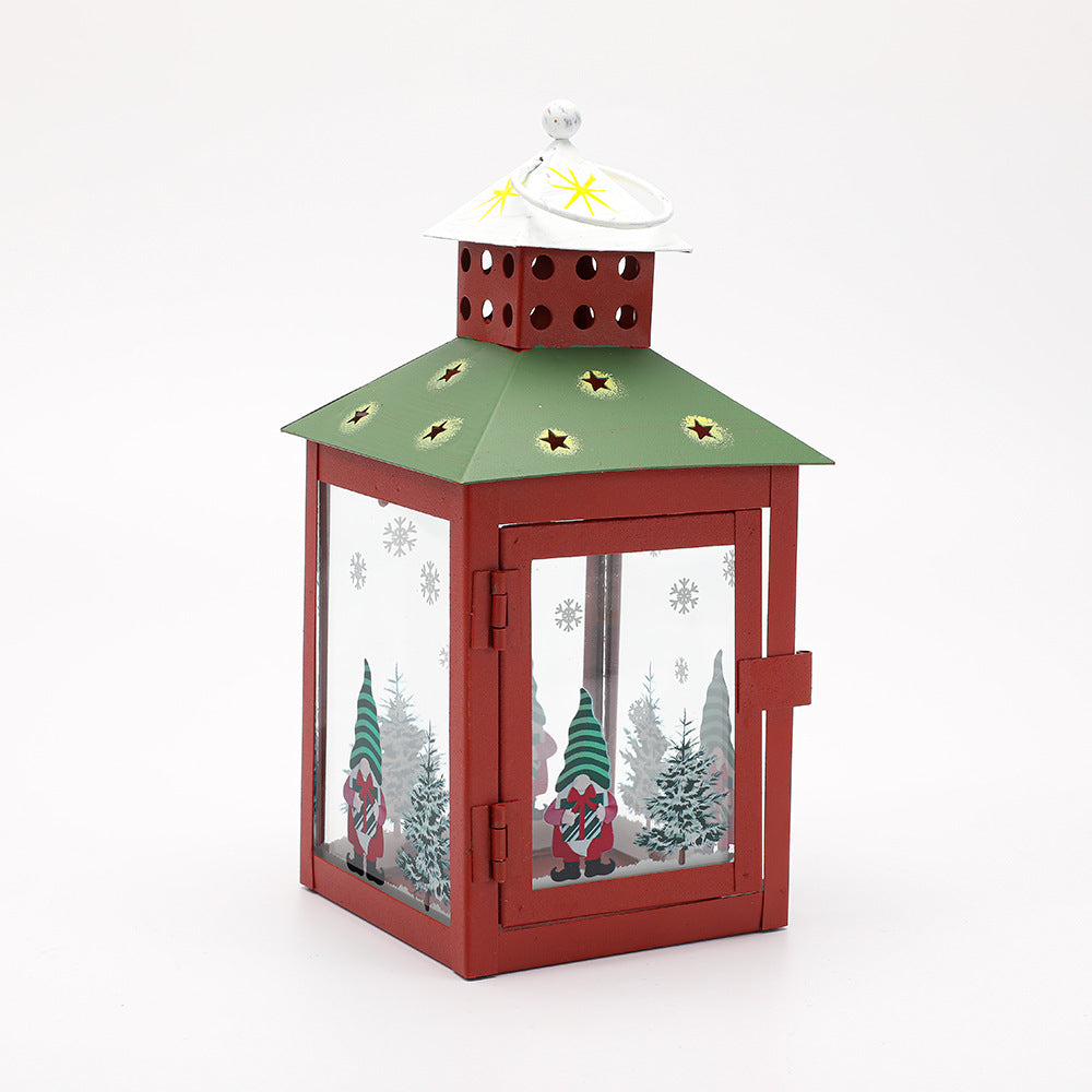 Decorative Holiday Tea Light Lantern with Glass Pane Gnome & Pine Motif Bowlift