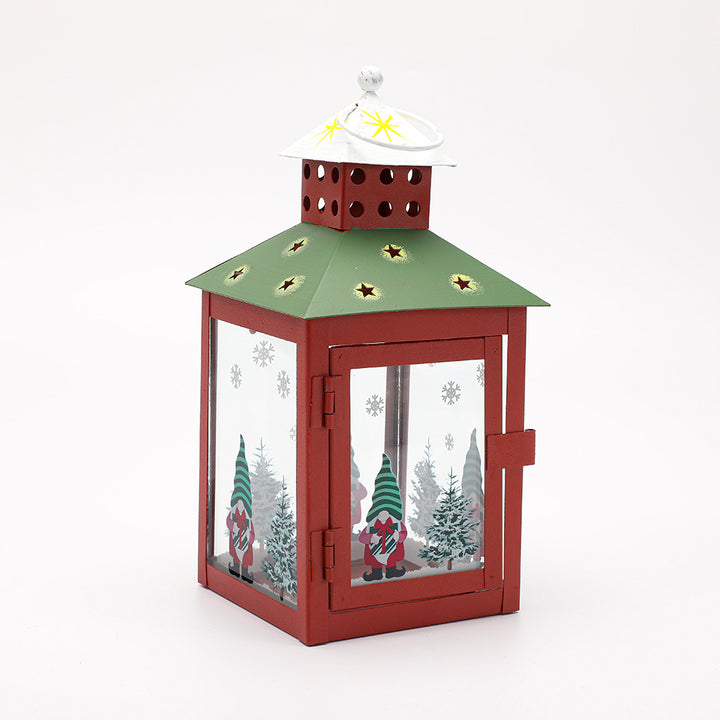 Decorative Holiday Tea Light Lantern with Glass Pane Gnome & Pine Motif Bowlift