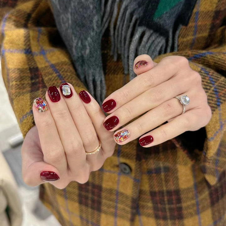 Elegant Press-On Nail Art Set with Gemstone Accents Bowlift