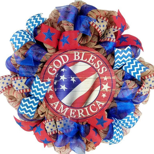 Unisex nan handcrafted Americana medallion wreath with layered deco mesh ribbons star motif bows and rustic sign Bowlift