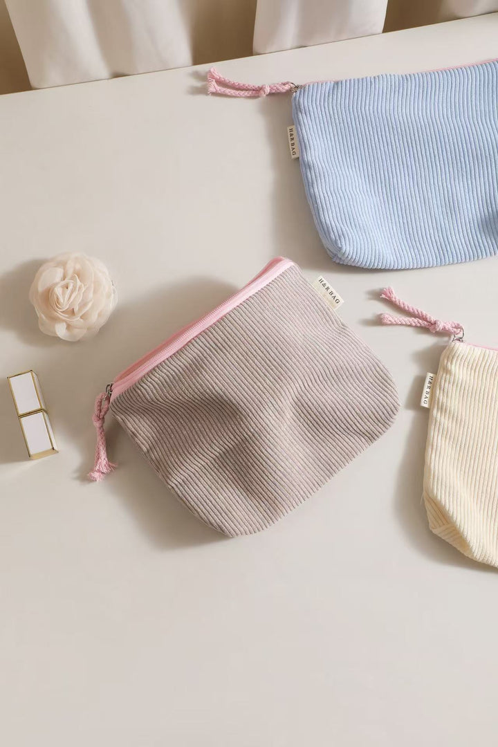 Corduroy Zip Cosmetic Pouch with Tassel Pull Bowlift