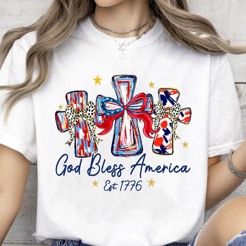 Women's nan patriotic graphic cotton tee with cross ribbon print Bowlift